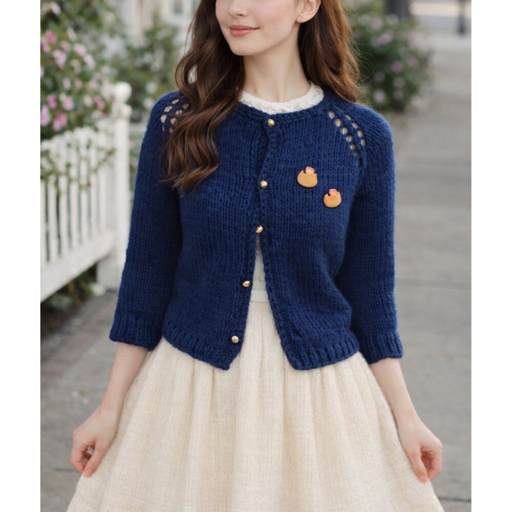 Vintage Hand Knitted Mini Cardigan Chunky Knit Navy Blue size S